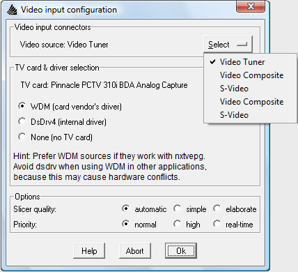 Sélection de la source vidéo.